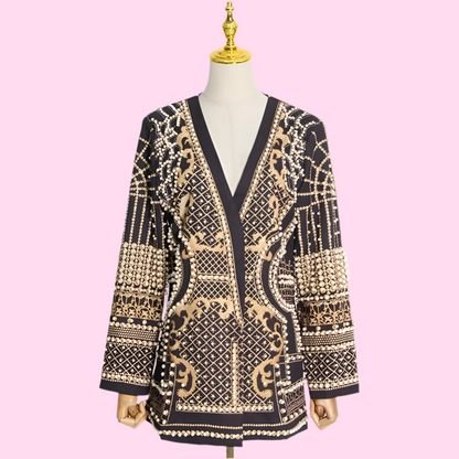 🍒Middellengte-jasse swart blazer met pêrels langmou V-nek-baadjie volmou met ingewikkelde borduurwerk-pêrelbesonderhede nuwerwetse klassieke klere geleentheidsklere Vier Sierlik
