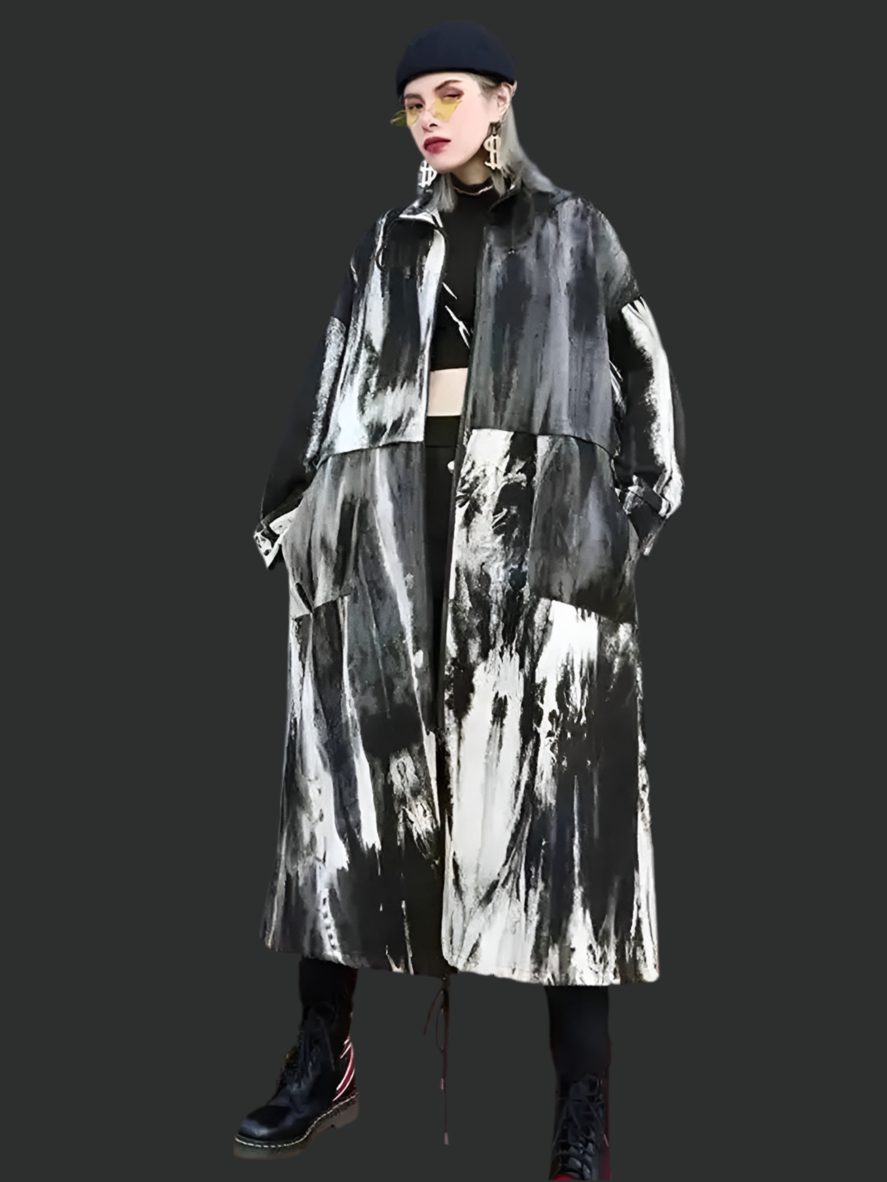🍒Tie dye trench coat with stand up collar big size long outerwear long sleeve loose fit windbreaker fashion spring autumn wear Get the R'white Black This Season
