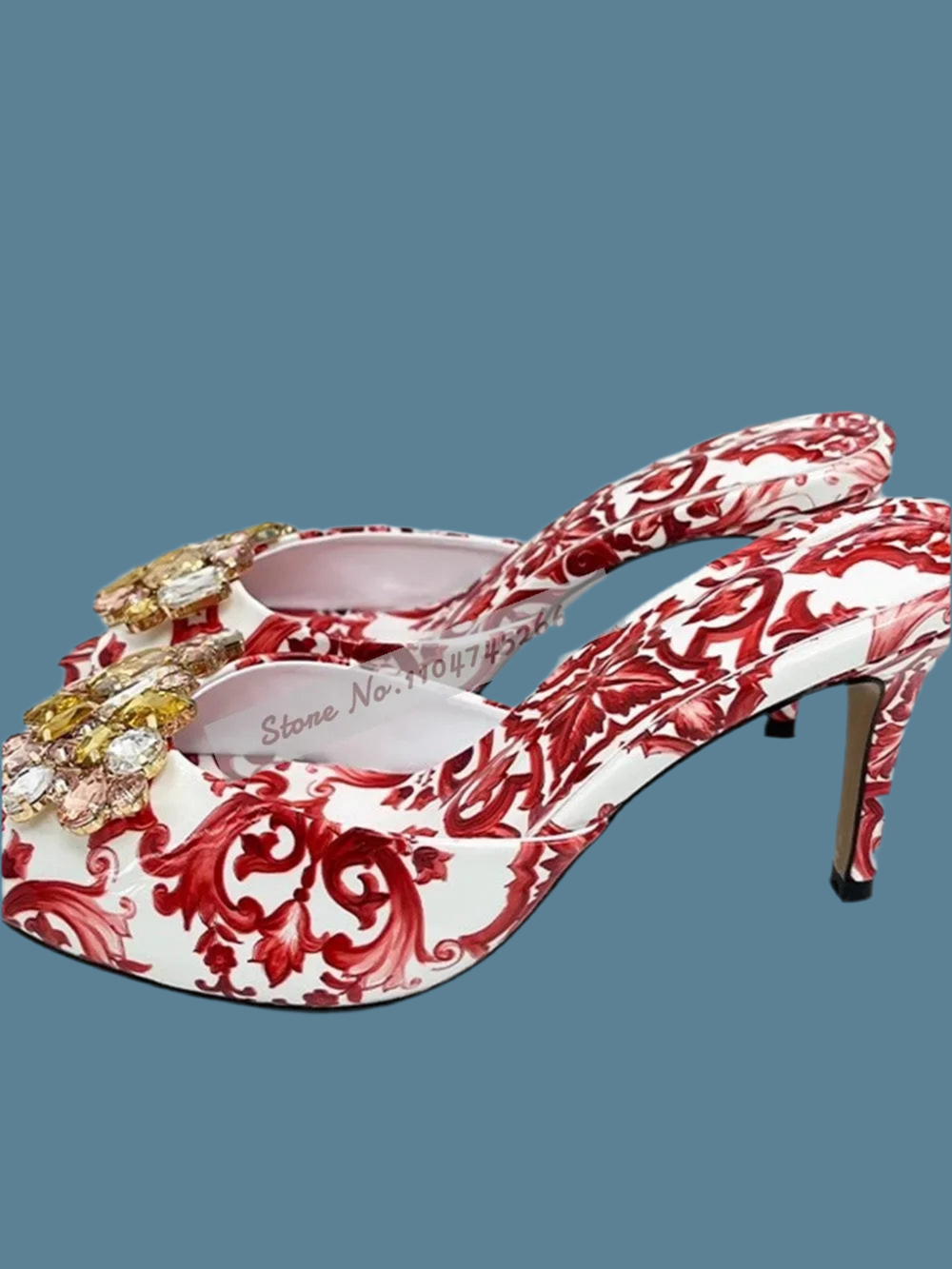 🍒Printed sandals mules floral mid heels red yellow multi-color  crystal shoes for women sandals for wedding guests gem stone embellished party slippers for women occasion footwear modern slip on pumps Pump Up Your Foowear Wardrobe