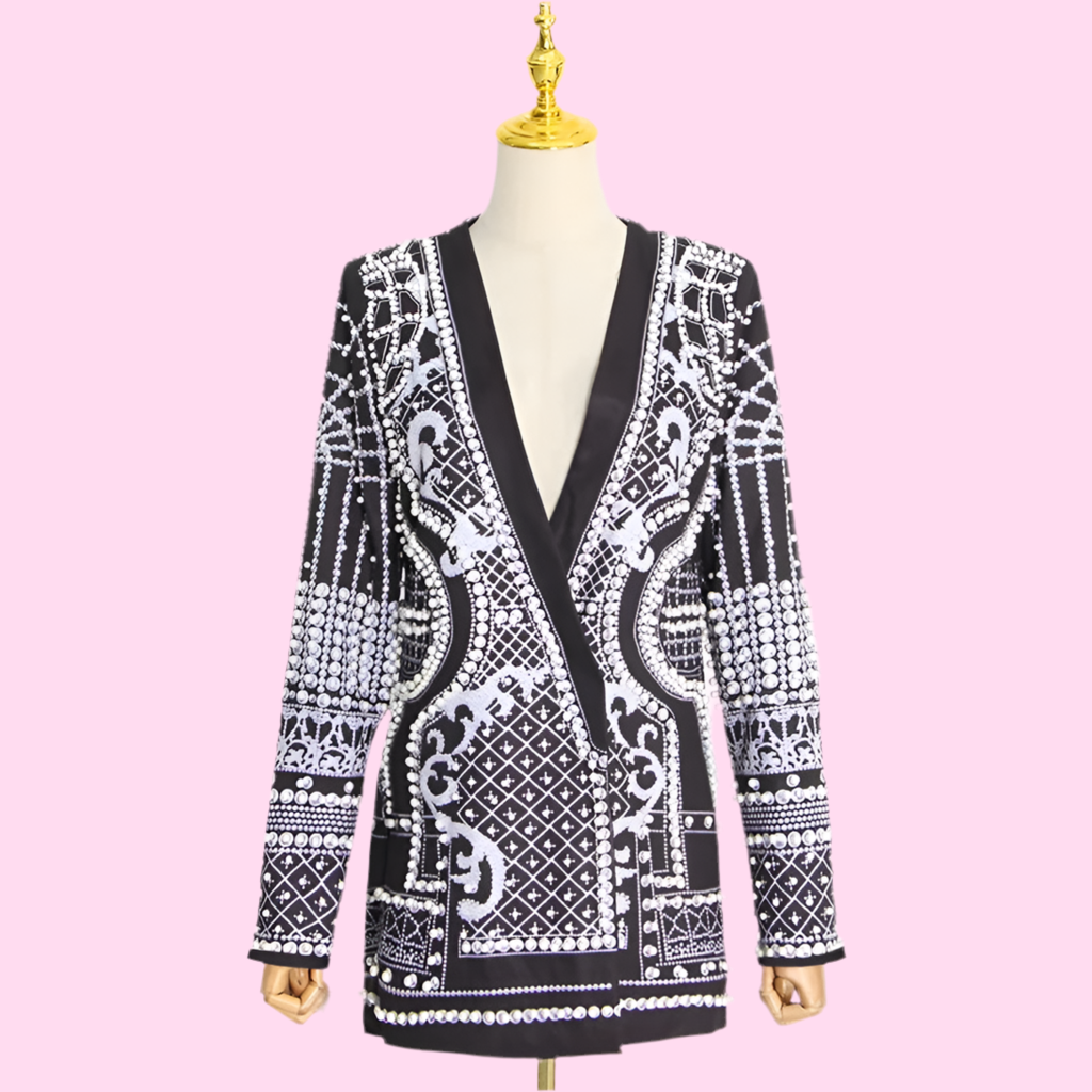 🍒Middellengte-jasse swart blazer met pêrels langmou V-nek-baadjie volmou met ingewikkelde borduurwerk-pêrelbesonderhede nuwerwetse klassieke klere geleentheidsklere Vier Sierlik
