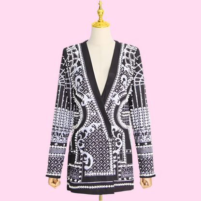 🍒Middellengte-jasse swart blazer met pêrels langmou V-nek-baadjie volmou met ingewikkelde borduurwerk-pêrelbesonderhede nuwerwetse klassieke klere geleentheidsklere Vier Sierlik