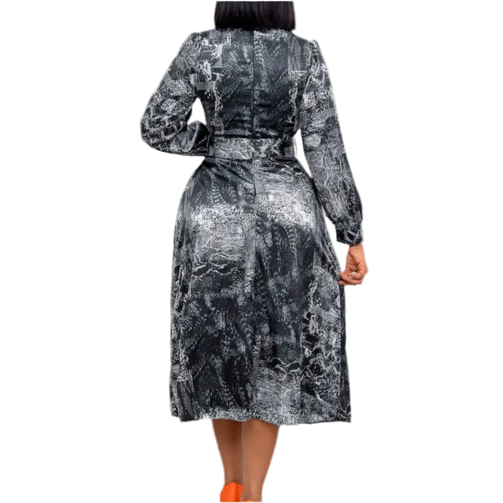 🍒Long sleeve snake print dress bowknot outfit high waist office clothing for plus size women smart casual wear with belt occasion clothing SHED indecisions and SLIP lnto SNAKE-y