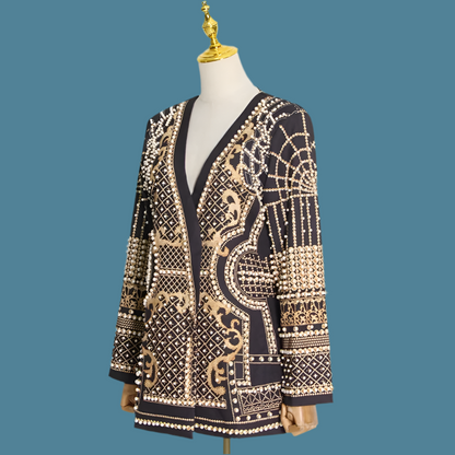 🍒Middellengte-jasse swart blazer met pêrels langmou V-nek-baadjie volmou met ingewikkelde borduurwerk-pêrelbesonderhede nuwerwetse klassieke klere geleentheidsklere Vier Sierlik
