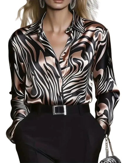 🍒Fashion blouses for women simple smart casual wear spring summer long-sleeve Zebra print satin shirt animal print clothing
