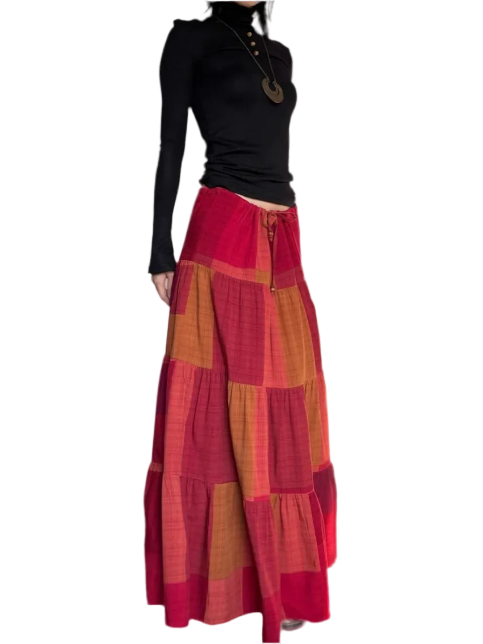 🍒Boho maxi skirt tiered maxi ruffle high waist drawstring skirt long summer vintage style clothing for women casual wear beach wear  Red-efine Your Style