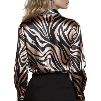 🍒Fashion blouses for women simple smart casual wear spring summer long-sleeve Zebra print satin shirt animal print clothing