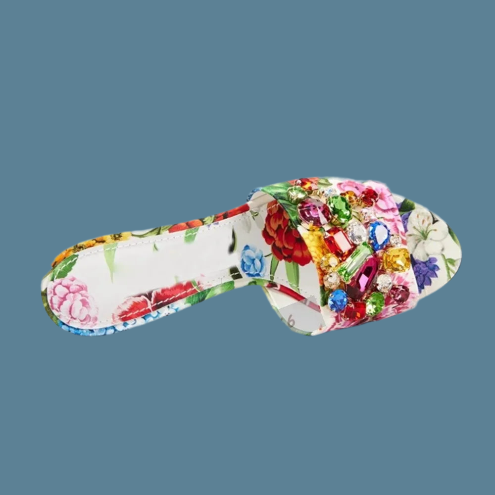 🍒Printed sandals mules floral mid heels red yellow multi-color  crystal shoes for women sandals for wedding guests gem stone embellished party slippers for women occasion footwear modern slip on pumps Pump Up Your Foowear Wardrobe