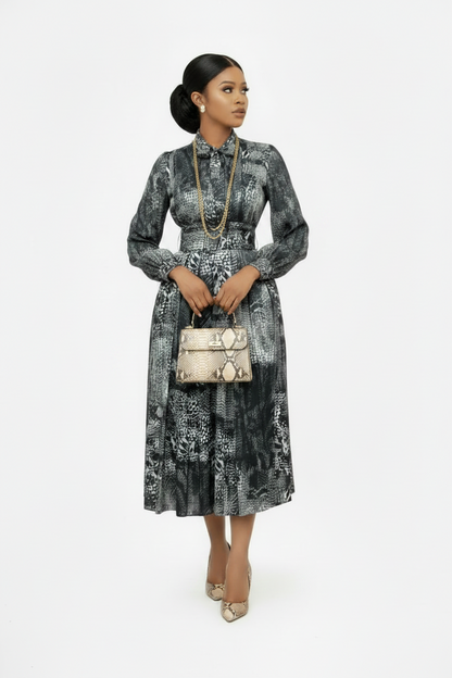 🍒Long sleeve snake print dress bowknot outfit high waist office clothing for plus size women smart casual wear with belt occasion clothing SHED indecisions and SLIP lnto SNAKE-y