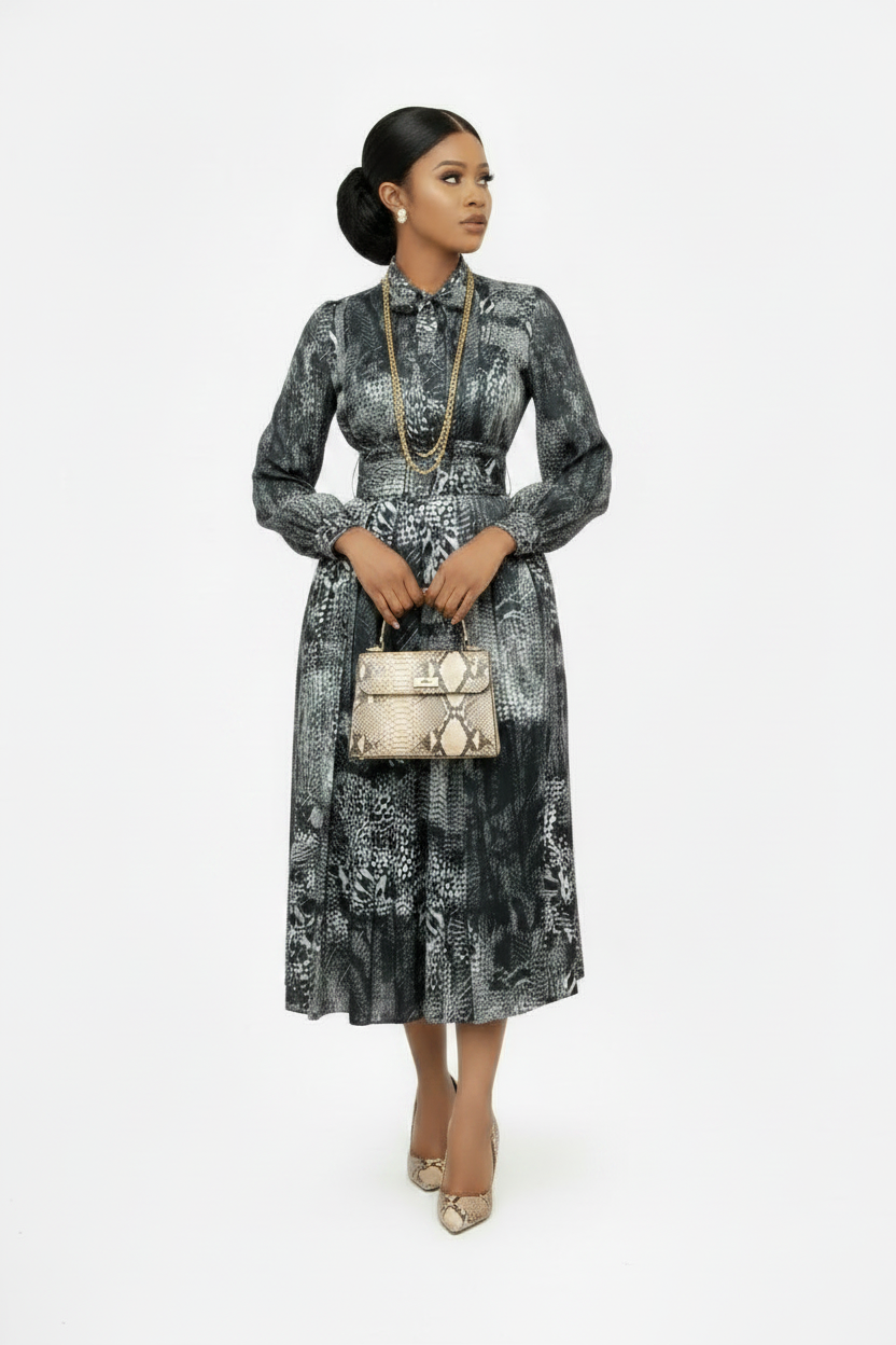 🍒Long sleeve snake print dress bowknot outfit high waist office clothing for plus size women smart casual wear with belt occasion clothing SHED indecisions and SLIP lnto SNAKE-y