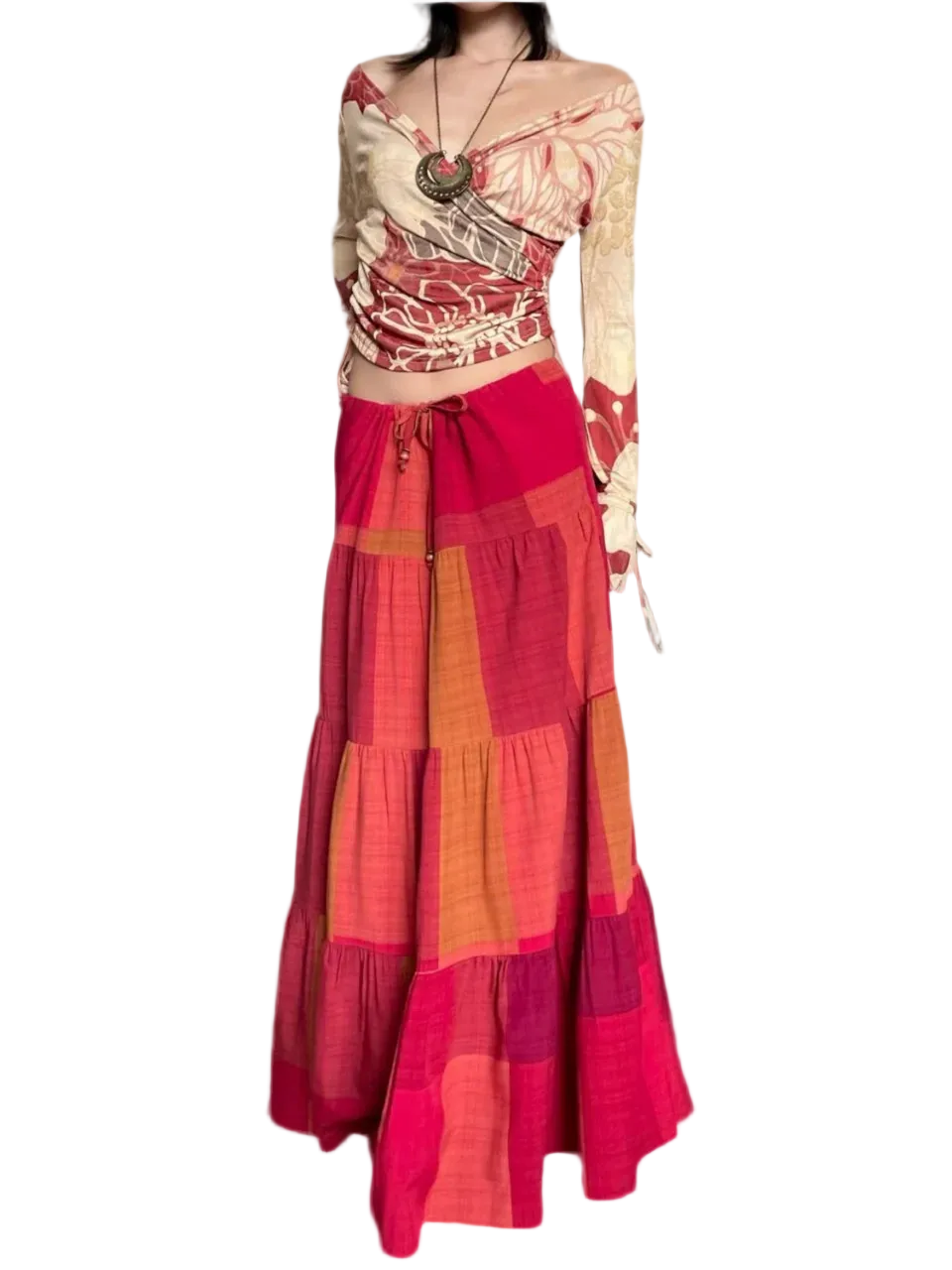 🍒Boho maxi skirt tiered maxi ruffle high waist drawstring skirt long summer vintage style clothing for women casual wear beach wear  Red-efine Your Style