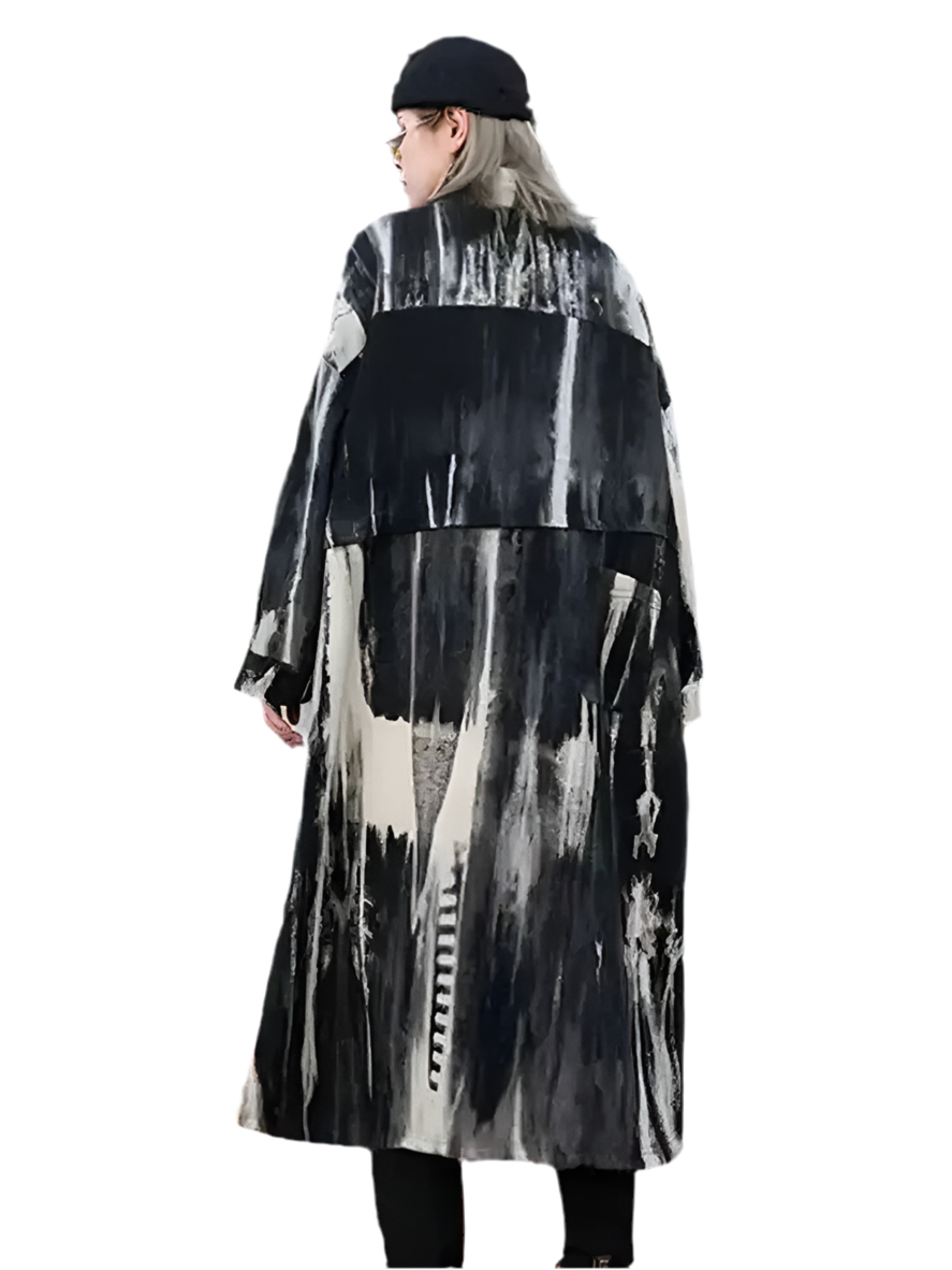 🍒Tie dye trench coat with stand up collar big size long outerwear long sleeve loose fit windbreaker fashion spring autumn wear Get the R'white Black This Season