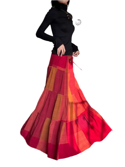 🍒Boho maxi skirt tiered maxi ruffle high waist drawstring skirt long summer vintage style clothing for women casual wear beach wear  Red-efine Your Style