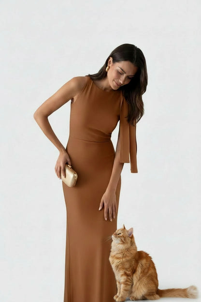🍒Sonder-skouer moulose maxi rok lang elegante diagonale kraag geleentheid mode vir vroue partytjie uitrustings elegante bodycon Hou die sy-das styl opsy