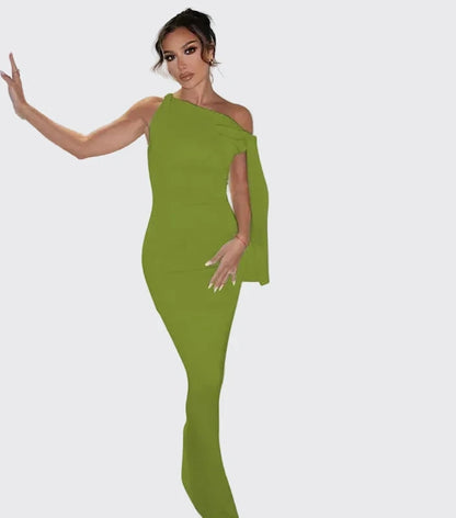 🍒Sonder-skouer moulose maxi rok lang elegante diagonale kraag geleentheid mode vir vroue partytjie uitrustings elegante bodycon Hou die sy-das styl opsy