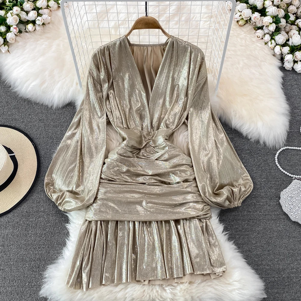 🍒Dames lente somer mode rok blink materiaal v-nek lanternmou geplooide geleentheidsuitrusting heupomvou kleding partytjiedrag Super Sensuele Satyn