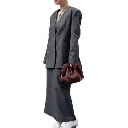 🍒Women’s suit tie-waist wrap maxi skirt and v-neck jacket female long sleeve smart casual two piece set office outfit   A Smart Move Made On Both Sides