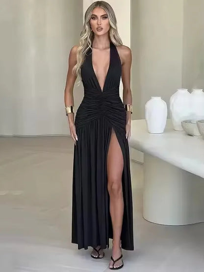 🍒ruglose moulose halter V-nek elegante maxi hoë spleet damesmode partytjie geleentheid drag