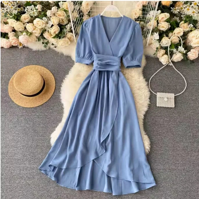 🍒Solid colour irregular hem dress short sleeved summer outfit smart casual women colourful fashion wear holiday wear