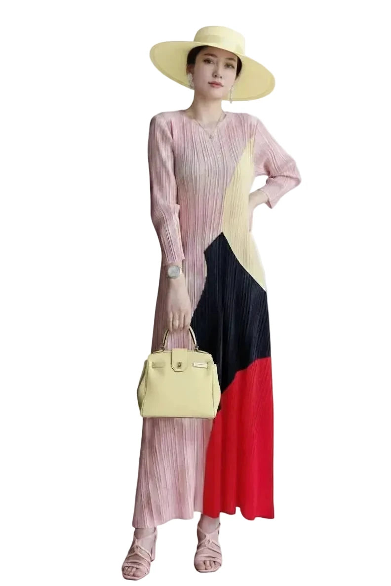 🍒Pleated colour block dress for women elegant geometric pattern  outfit print long sleeve smart casual clothing for occasions wear loose A-line maxi dress designer clothes  Pink Perfection