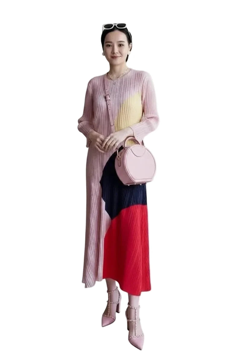 🍒Pleated colour block dress for women elegant geometric pattern  outfit print long sleeve smart casual clothing for occasions wear loose A-line maxi dress designer clothes  Pink Perfection