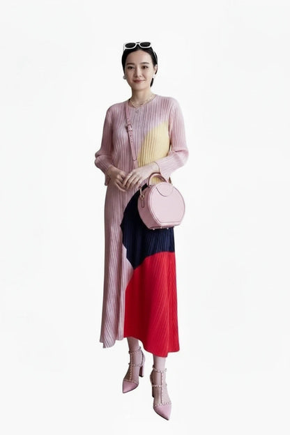 🍒Pleated colour block dress for women elegant geometric pattern  outfit print long sleeve smart casual clothing for occasions wear loose A-line maxi dress designer clothes  Pink Perfection