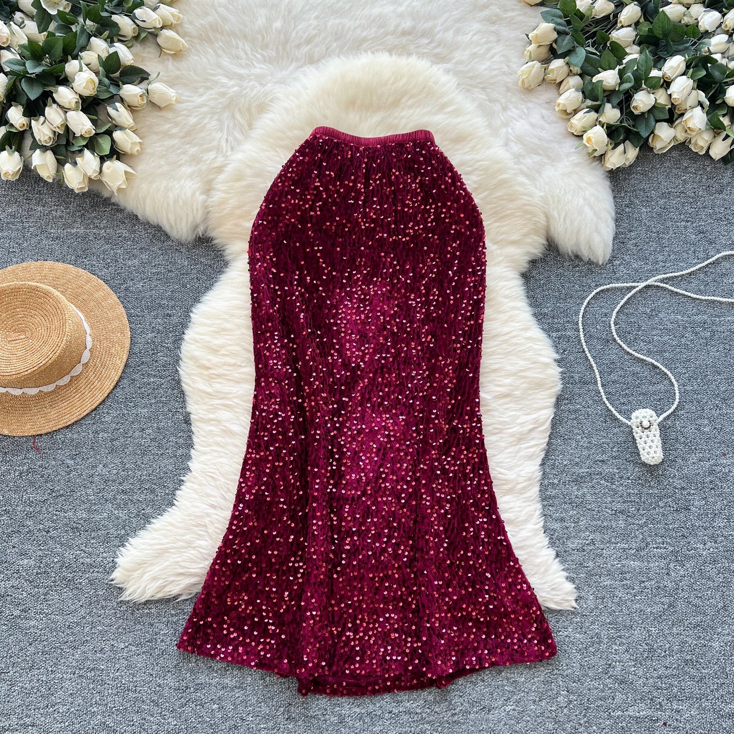🍒Sequin tulip skirt fitted hip womens smart casual high waist elastic skirts feminine fashion party wear occasion fashion wear
