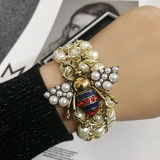 🍒Elastic pearl bracelet women's adjustable crystal bee bracelet  bangle party jewellery for occasions gift smart casual accessories Nice To Bee ' Wear