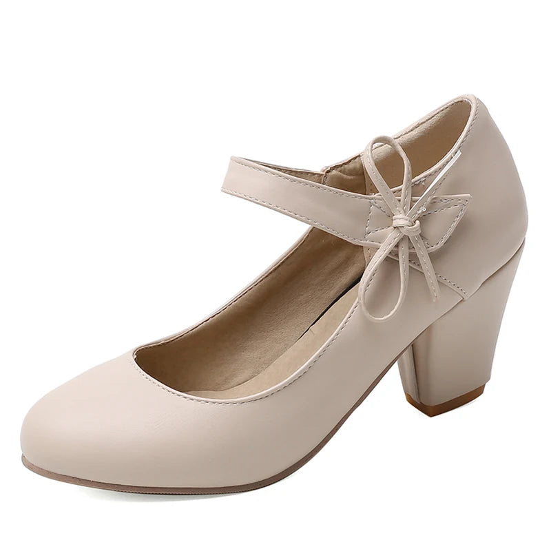 🍒Damespompe 7 cm hoë dik blokhakke ronde toon Mary Janes skoene trourok skoene kantoorskoene damesenkelbandhakke met strikkies