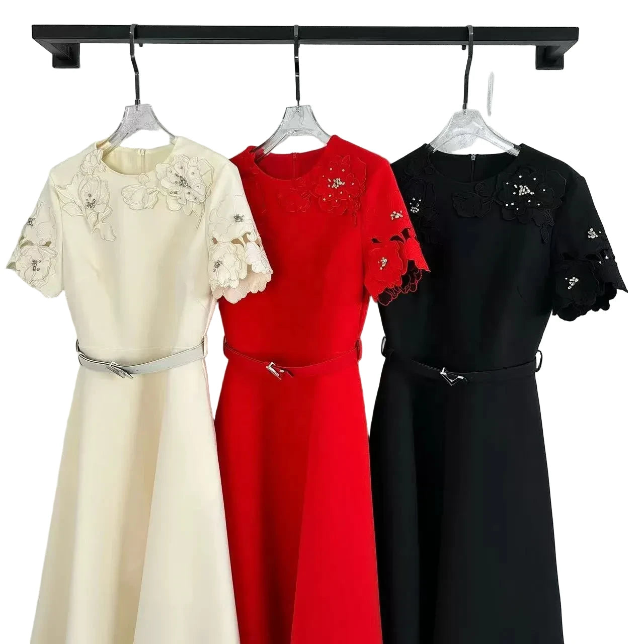 🍒Short sleeve vintage dress short sleeve midi hand-made lace hollow diamond summer outfit a-line womens fashion wear Line Up For As or you wil B disapointed