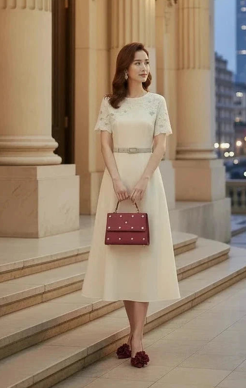 🍒Short sleeve vintage dress short sleeve midi hand-made lace hollow diamond summer outfit a-line womens fashion wear Line Up For As or you wil B disapointed