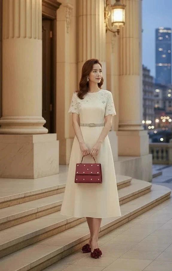 🍒Short sleeve vintage dress short sleeve midi hand-made lace hollow diamond summer outfit a-line womens fashion wear Line Up For As or you wil B disapointed