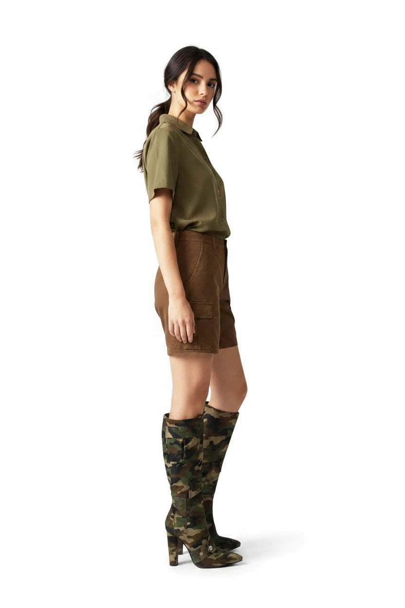 🍒Camouflage green boots pointed toe women fashion combat footwear long boots slim winter heeled boots COMBAT Boring Footwear And Step Into Cool BOOTS