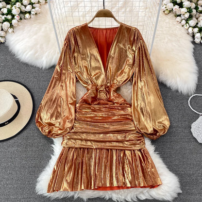 🍒Dames lente somer mode rok blink materiaal v-nek lanternmou geplooide geleentheidsuitrusting heupomvou kleding partytjiedrag Super Sensuele Satyn
