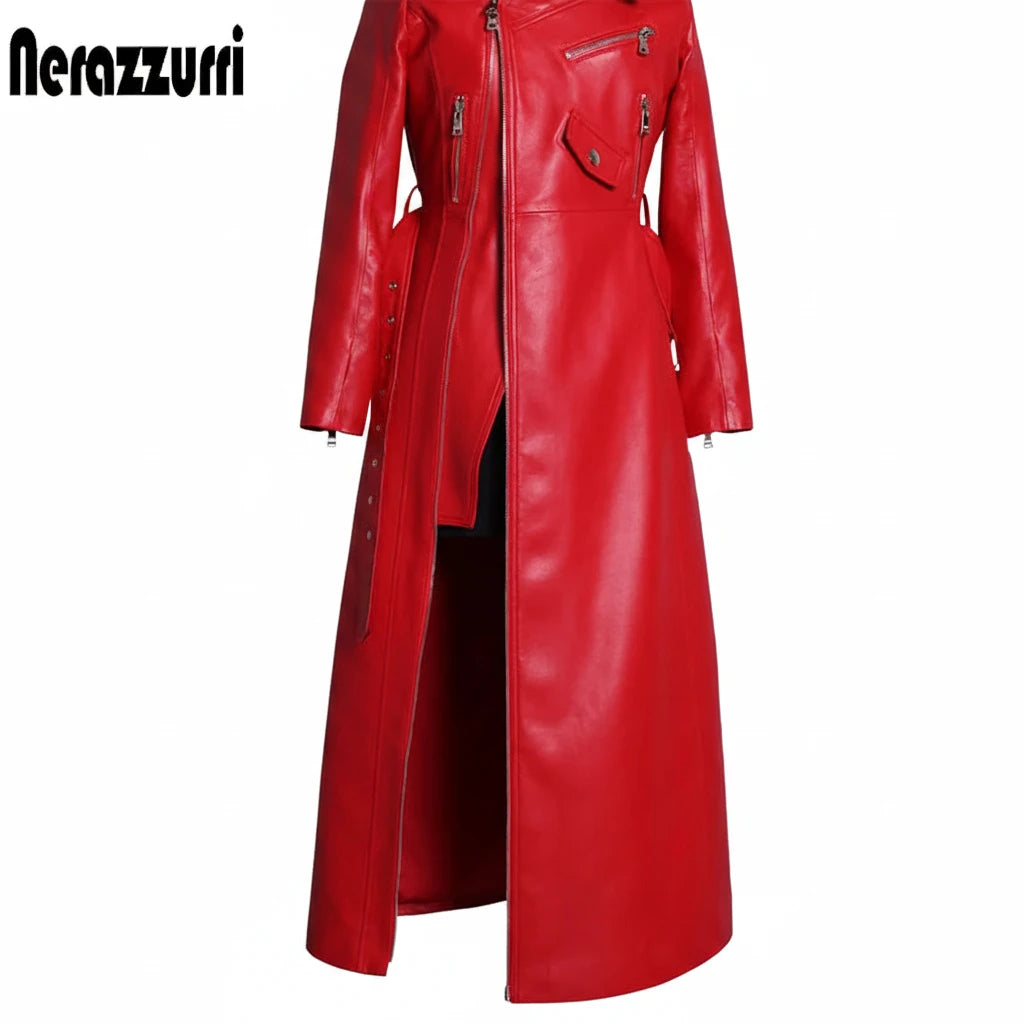 🍒Leather long dresses with side split for women slash neck red black pu outfit long sleeve shoulderless for occasions party wear club wear REDiculously Cool