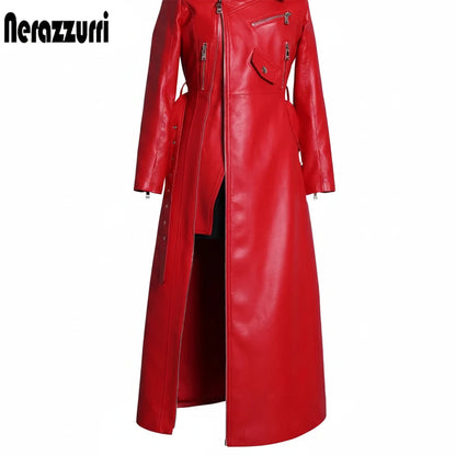 🍒Leather long dresses with side split for women slash neck red black pu outfit long sleeve shoulderless for occasions party wear club wear REDiculously Cool