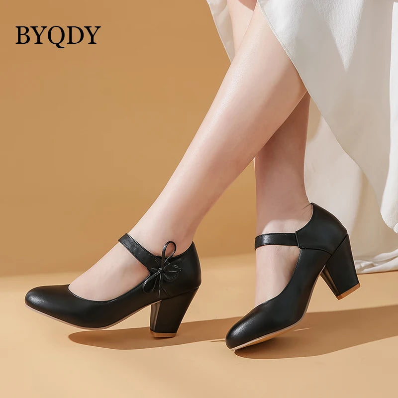 🍒Damespompe 7 cm hoë dik blokhakke ronde toon Mary Janes skoene trourok skoene kantoorskoene damesenkelbandhakke met strikkies