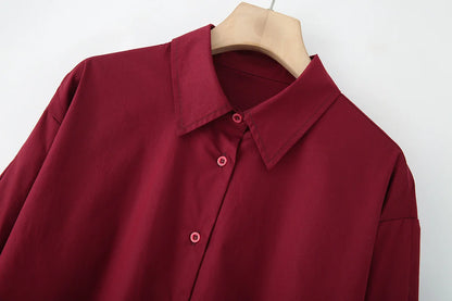 🍒Women's poplin shirt with collar summer female fashion long sleeves for summer simple and versatile clothing smart casual Burgundy Ba-sick