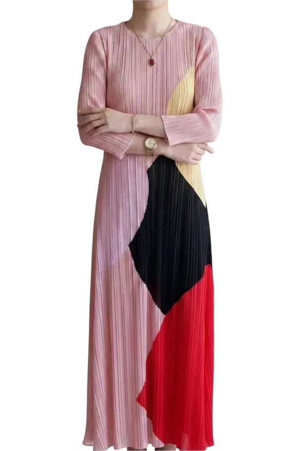 🍒Pleated colour block dress for women elegant geometric pattern  outfit print long sleeve smart casual clothing for occasions wear loose A-line maxi dress designer clothes  Pink Perfection