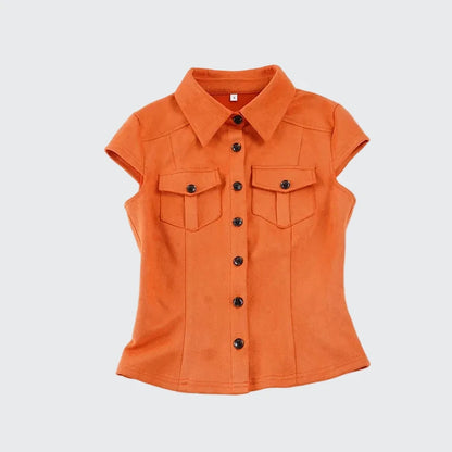 🍒Retro polo shirt with pockets female fashion fitted short sleeve tops women casual fashion clothing streetwear workwear style crop summer wear clothes solid aPEELing shades of ORANGE and Cream