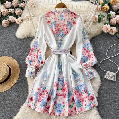🍒立领泡泡袖连衣裙女甜美春秋时尚褶皱连衣裙碎花裙过膝连衣裙