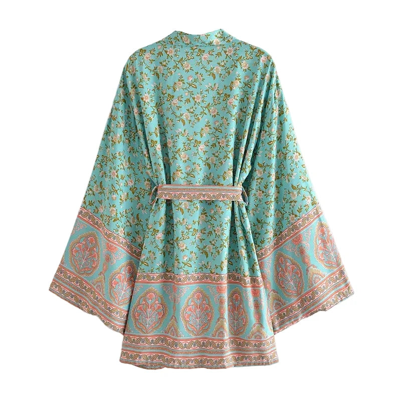 🍒Beach coverups wild floral print short light kimono jacket batwing duster bohemian ladies v-neck rayon short bikini swimwear cover over vacation wear holiday clothing casual wear  Colourful Comfort