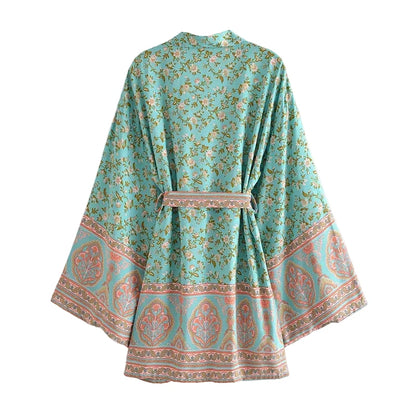🍒Beach coverups wild floral print short light kimono jacket batwing duster bohemian ladies v-neck rayon short bikini swimwear cover over vacation wear holiday clothing casual wear  Colourful Comfort