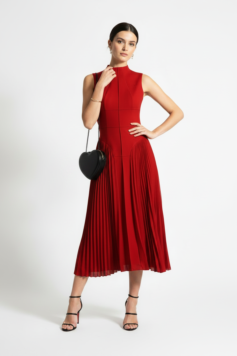 🍒Summer high neck dress a line pleated Irregular long midi outfit fit and flare slim fit smart casual summer wear Purely Pefect