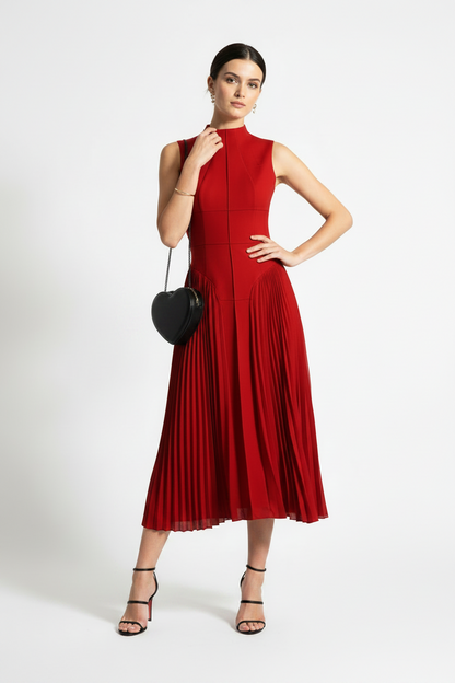 🍒Summer high neck dress a line pleated Irregular long midi outfit fit and flare slim fit smart casual summer wear Purely Pefect