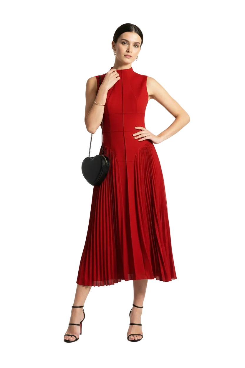 🍒Summer high neck dress a line pleated Irregular long midi outfit fit and flare slim fit smart casual summer wear Purely Pefect