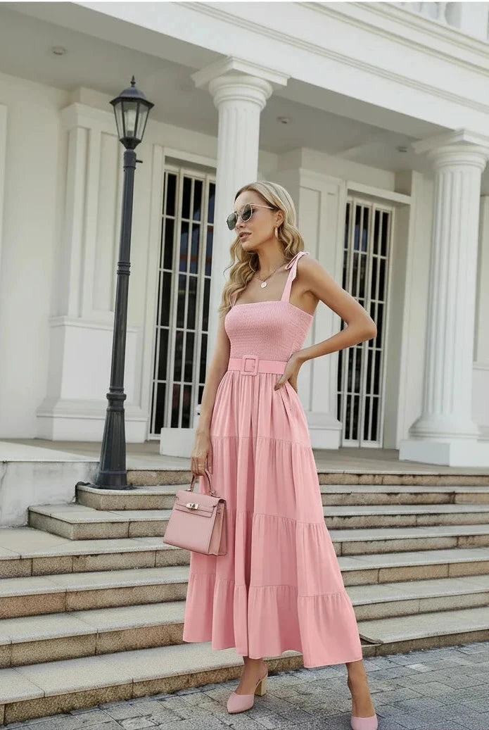 🍒Tiered summer dress summer sleeveless midaxi outfit for holiday spring summer clothing backless printed vacation wear cami dress for Women smart casual clothing  Dress For Summer