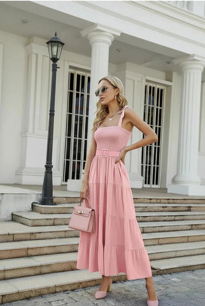 🍒Tiered summer dress summer sleeveless midaxi outfit for holiday spring summer clothing backless printed vacation wear cami dress for Women smart casual clothing  Dress For Summer