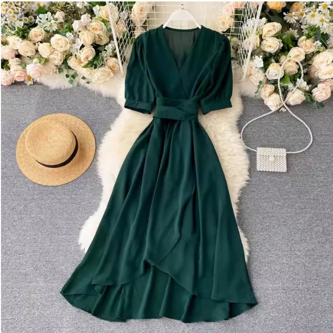 🍒Solid colour irregular hem dress short sleeved summer outfit smart casual women colourful fashion wear holiday wear