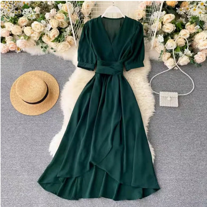 🍒Solid colour irregular hem dress short sleeved summer outfit smart casual women colourful fashion wear holiday wear