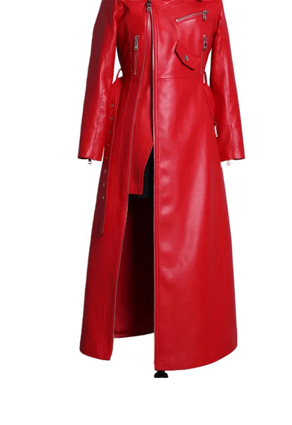 🍒Leather long dresses with side split for women slash neck red black pu outfit long sleeve shoulderless for occasions party wear club wear REDiculously Cool